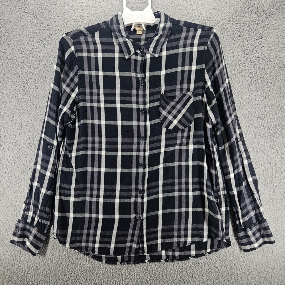 Woolrich Womens Large Black White Plaid Rayon Roll Tab Sleeve Button Down Shirt